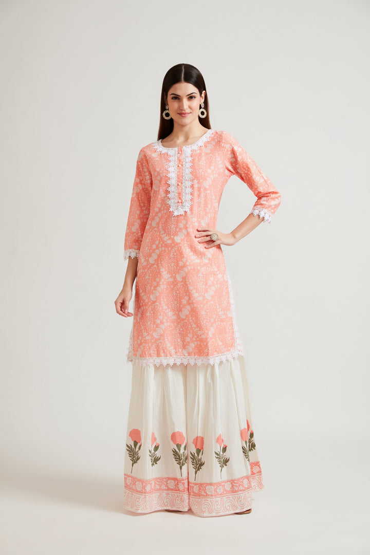 Neerus Women Coral Printed Kurti with Sharara With Dupatta