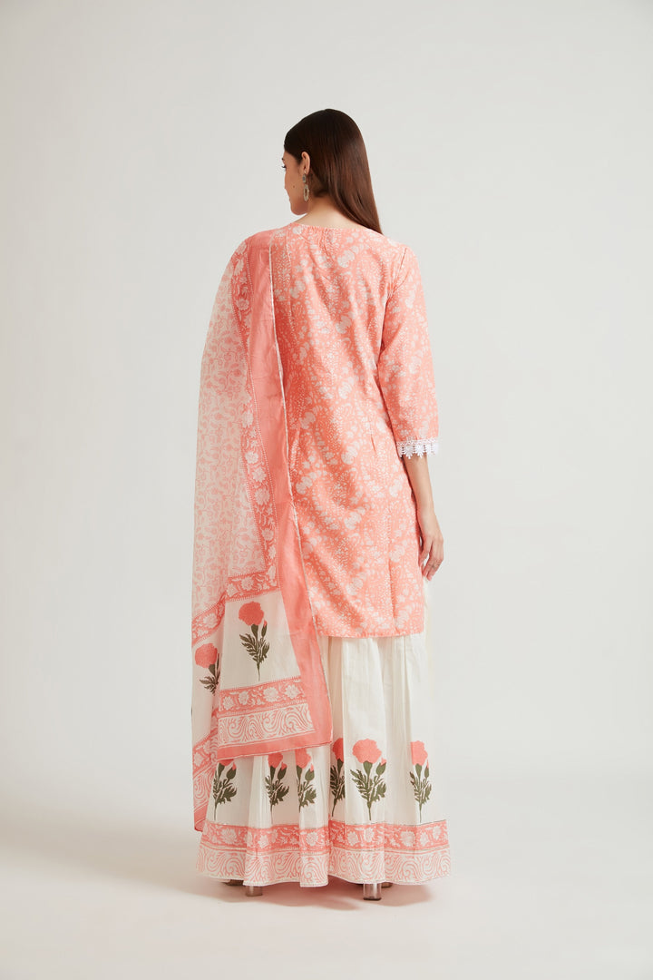 Neerus Women Coral Printed Kurti with Sharara With Dupatta