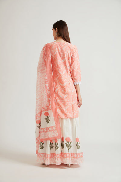 Neerus Women Coral Printed Kurti with Sharara With Dupatta
