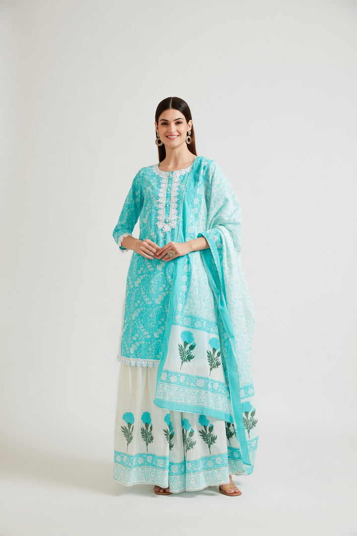 Neerus Women Turquoise Blue Ethnic Motifs Printed Kurta with Churidar  With Dupatta