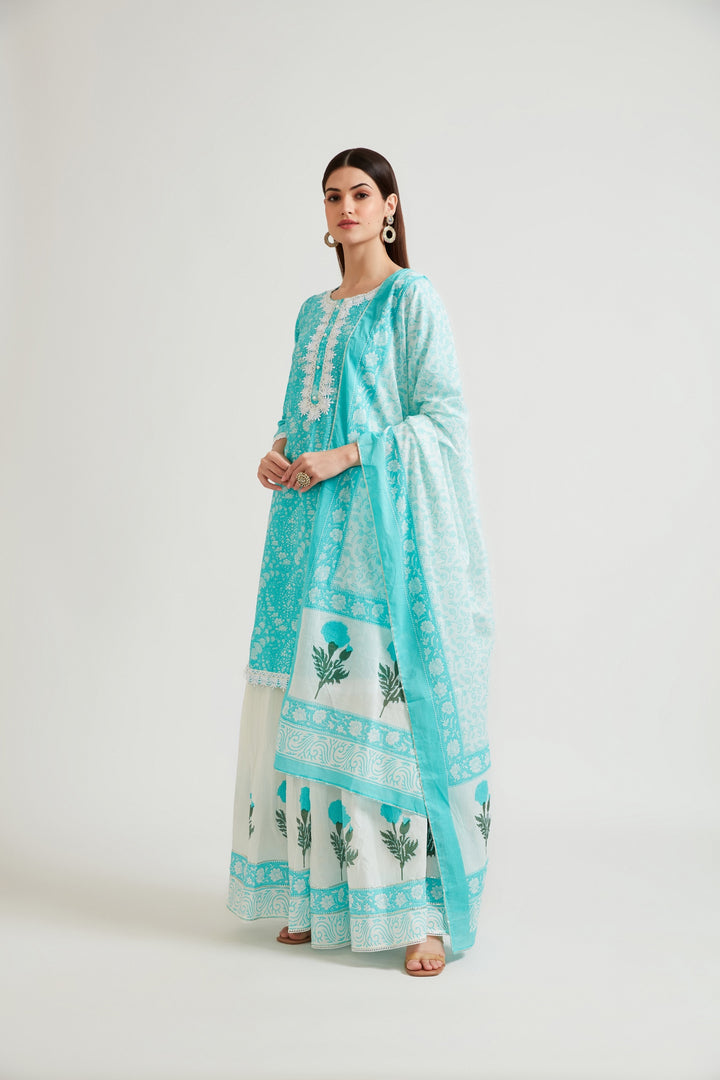 Neerus Women Turquoise Blue Ethnic Motifs Printed Kurta with Churidar  With Dupatta