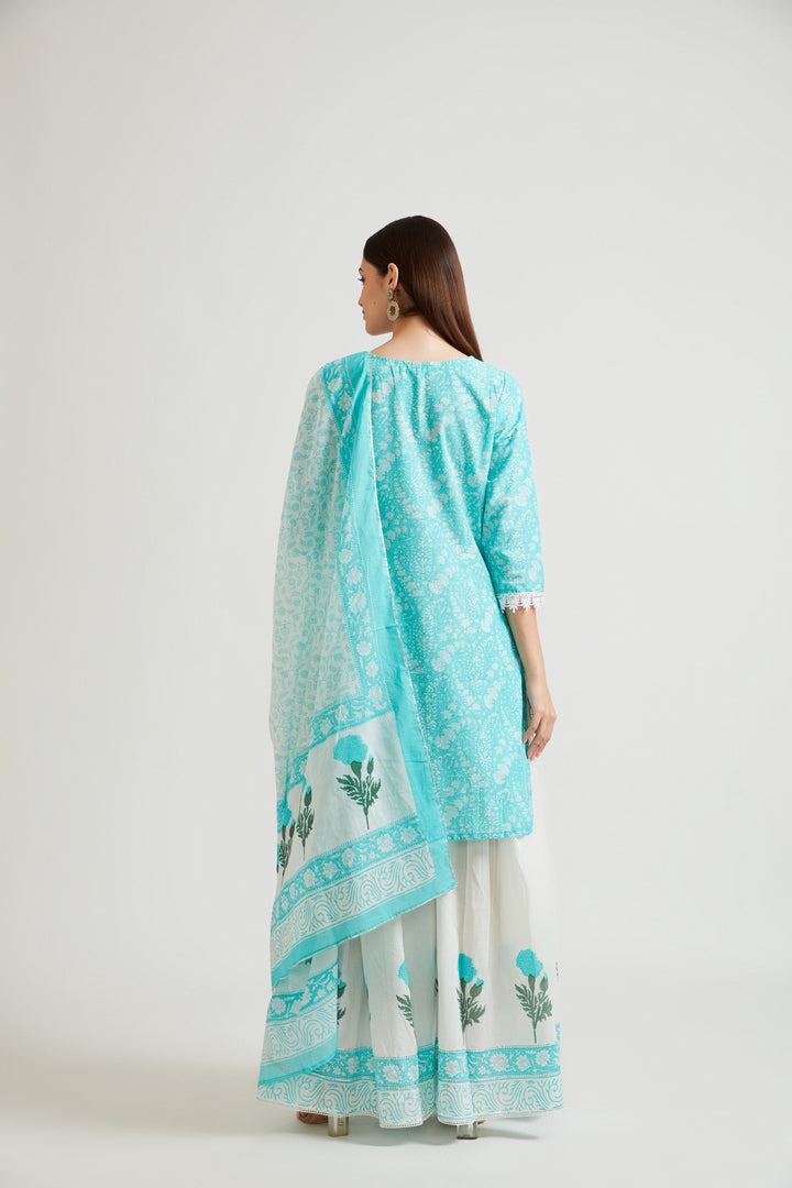 Neerus Women Turquoise Blue Ethnic Motifs Printed Kurta with Churidar  With Dupatta