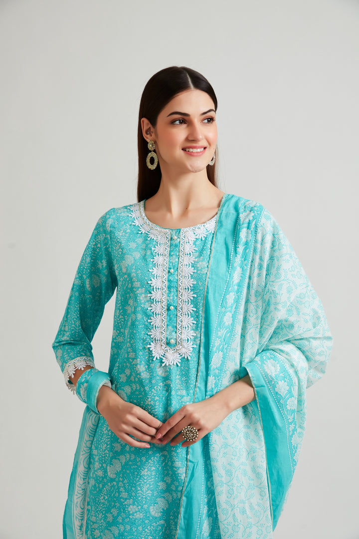 Neerus Women Turquoise Blue Ethnic Motifs Printed Kurta with Churidar  With Dupatta