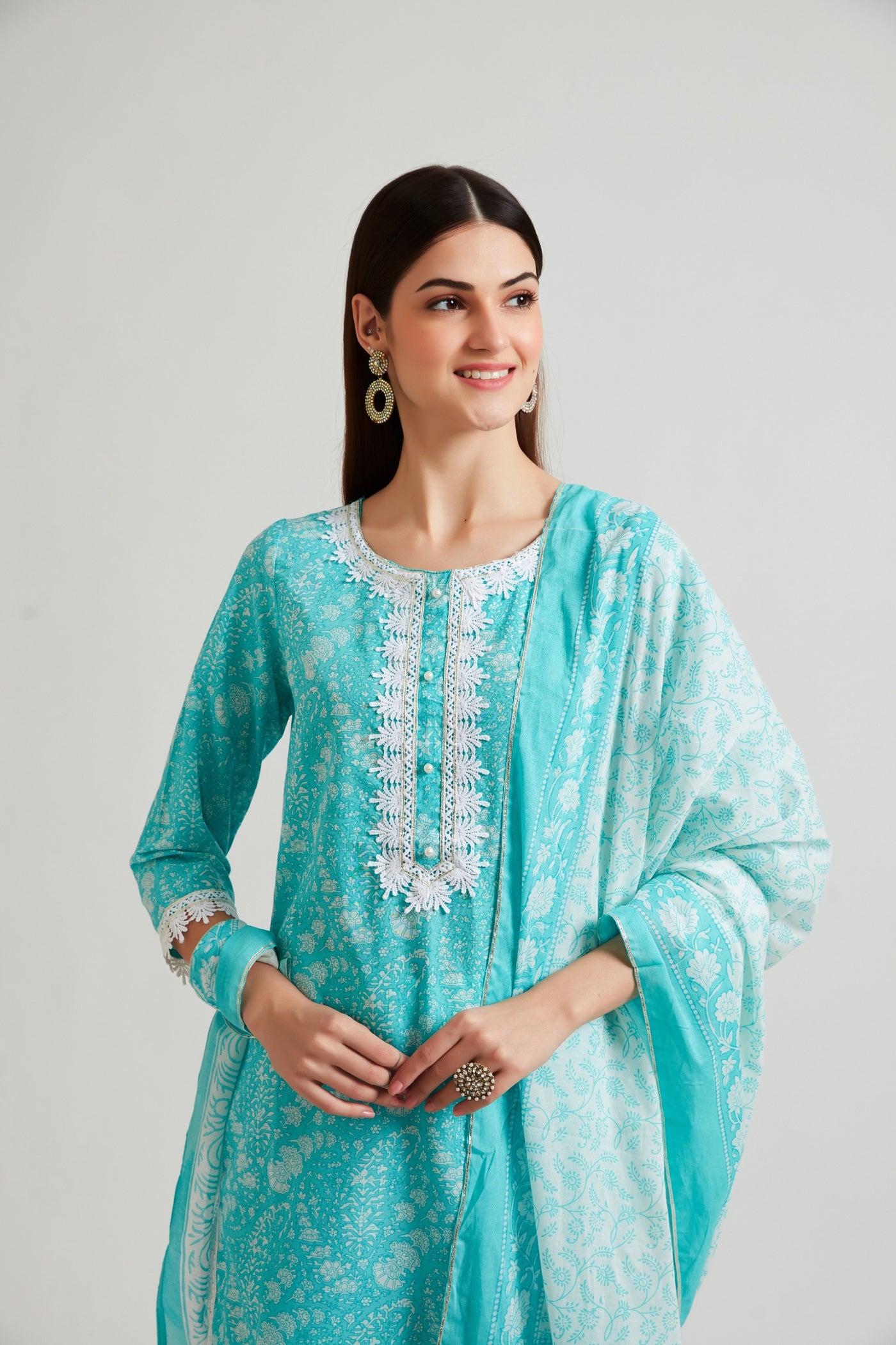 Neerus Women Turquoise Blue Ethnic Motifs Printed Kurta with Churidar  With Dupatta