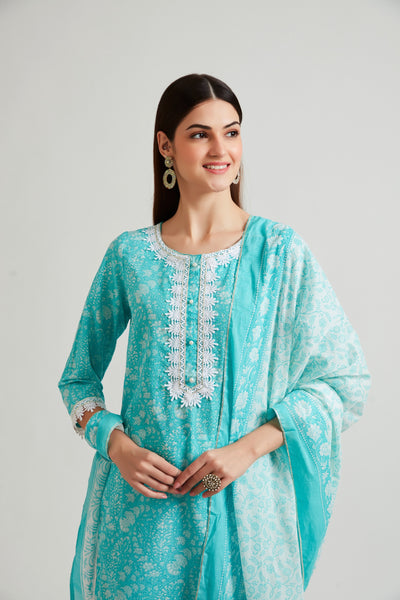 Neerus Women Turquoise Blue Ethnic Motifs Printed Kurta with Churidar  With Dupatta