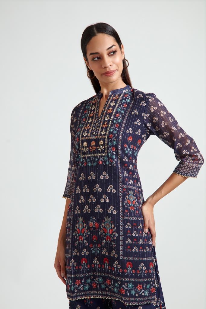 Neerus Blue Georgette Embroidered Sharara Set - detail view 1