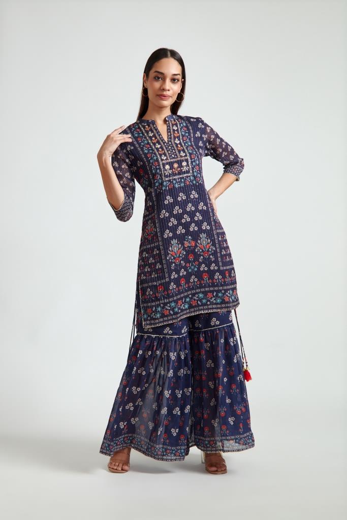 Neerus Blue Georgette Embroidered Sharara Set - front view