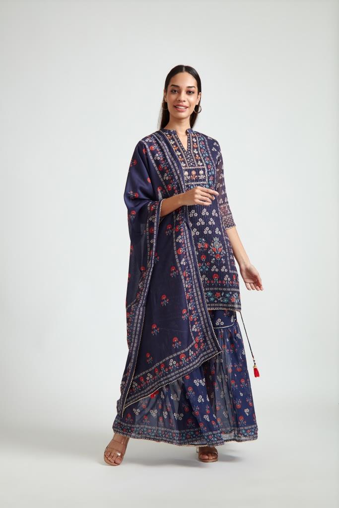 NEERU'S NAVY BLUE GEORGETT FABRIC KURTA SHARARA WITH DUPATTA