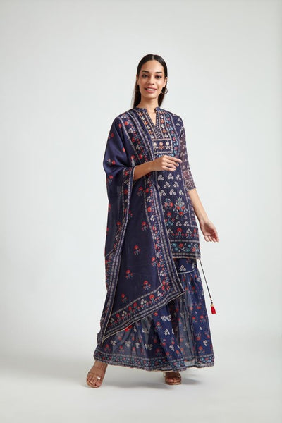 NEERU'S NAVY BLUE GEORGETT FABRIC KURTA SHARARA WITH DUPATTA