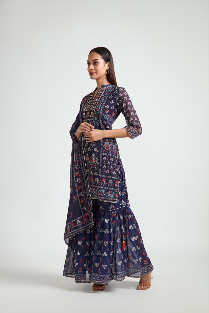 Neerus Blue Georgette Embroidered Sharara Set - back view