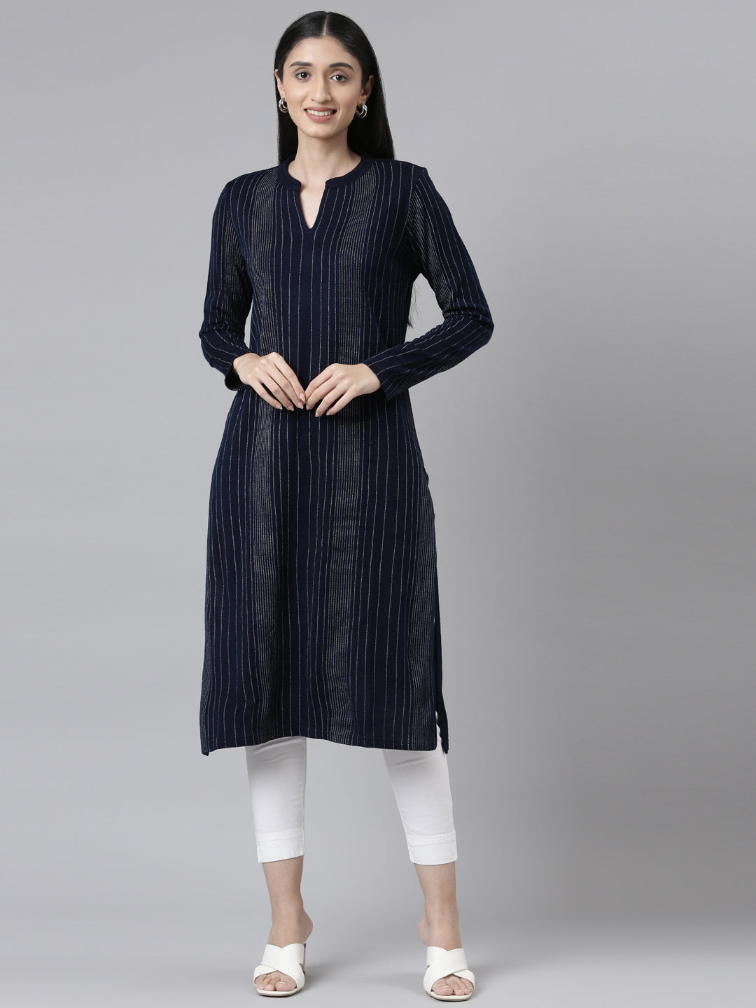 Neerus Winter Wear Navy Blue Embellished Striped Acrylic Kurta For Women