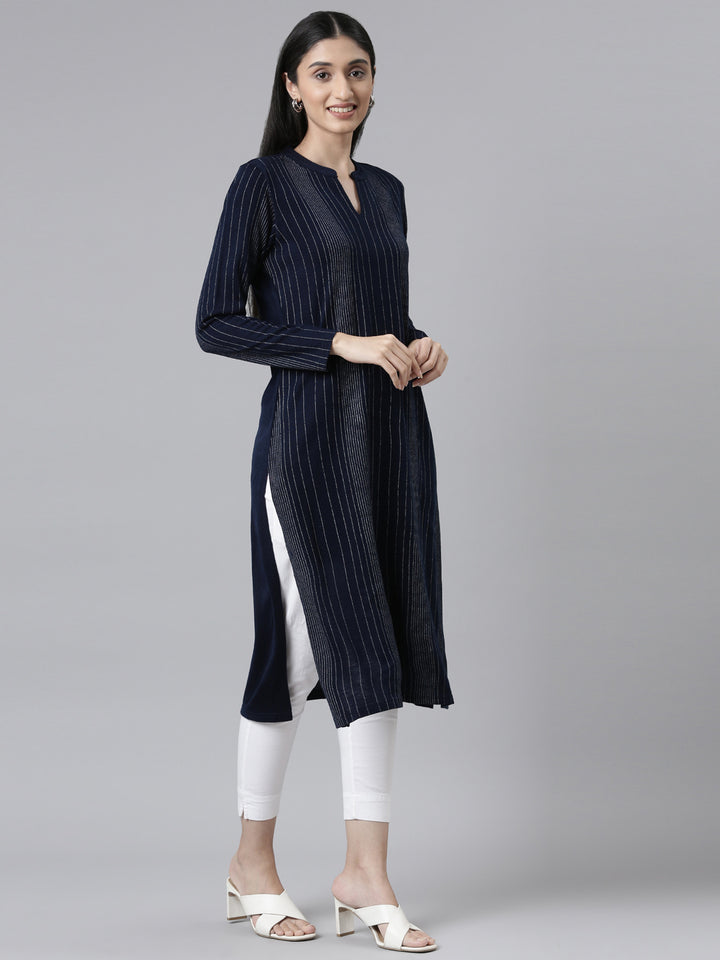 Neerus Winter Wear Navy Blue Embellished Striped Acrylic Kurta For Women