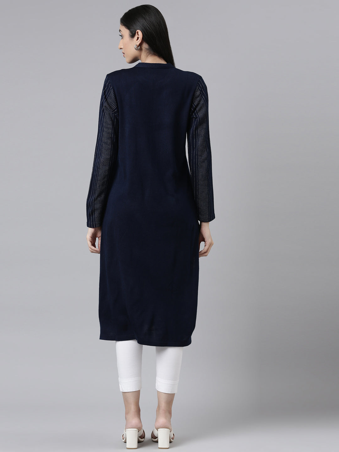 Neerus Winter Wear Navy Blue Embellished Striped Acrylic Kurta For Women