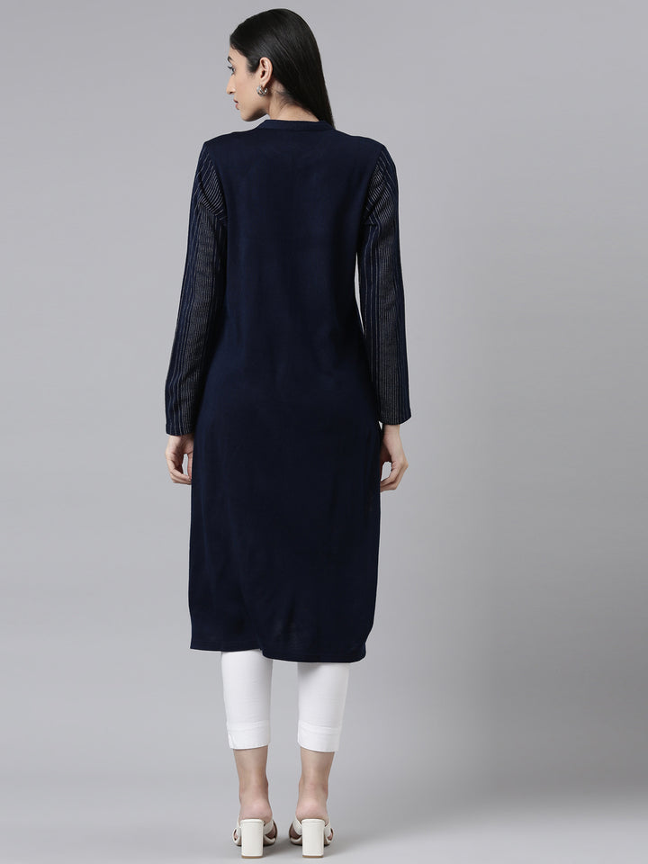 Neerus Winter Wear Navy Blue Embellished Striped Acrylic Kurta For Women