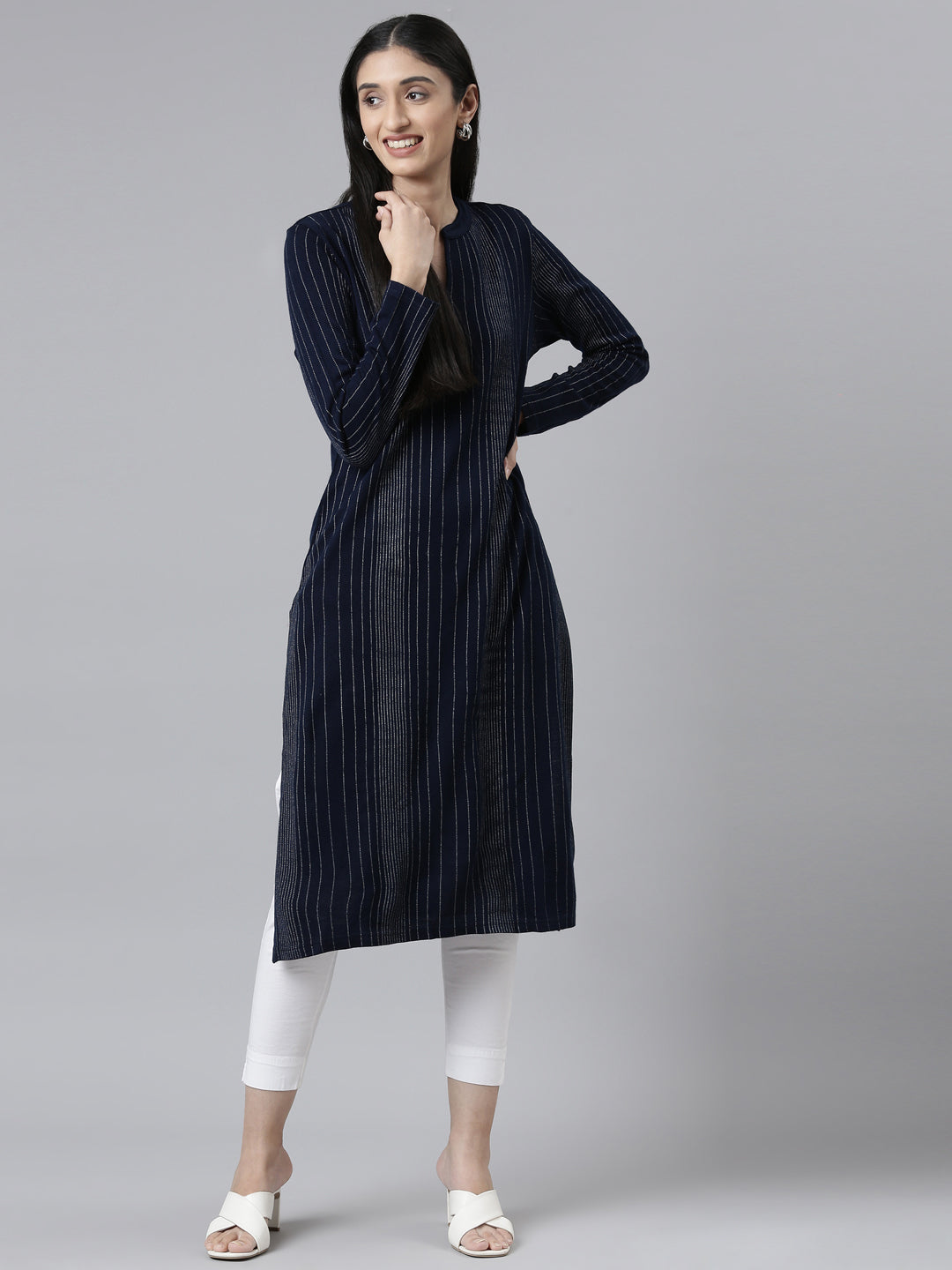 Neerus Winter Wear Navy Blue Embellished Striped Acrylic Kurta For Women
