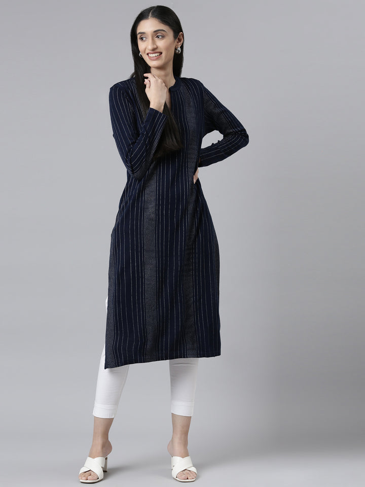 Neerus Winter Wear Navy Blue Embellished Striped Acrylic Kurta For Women