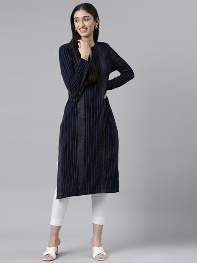Neerus Winter wear Navy Blue Embellished Striped Acrylic Kurta for Women