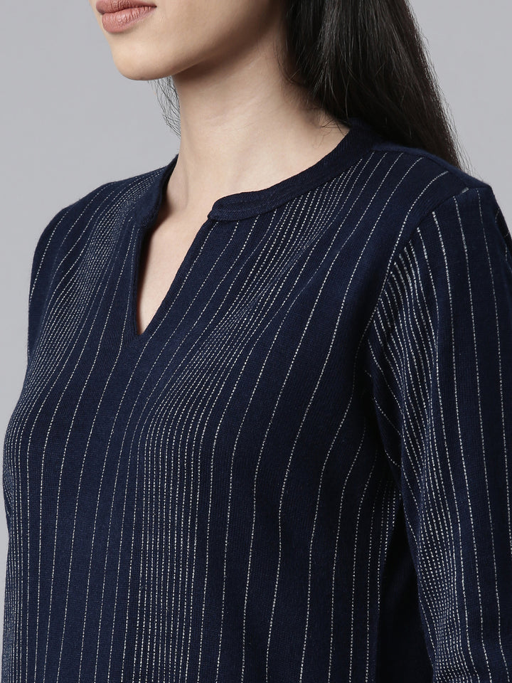Neerus Winter Wear Navy Blue Embellished Striped Acrylic Kurta For Women