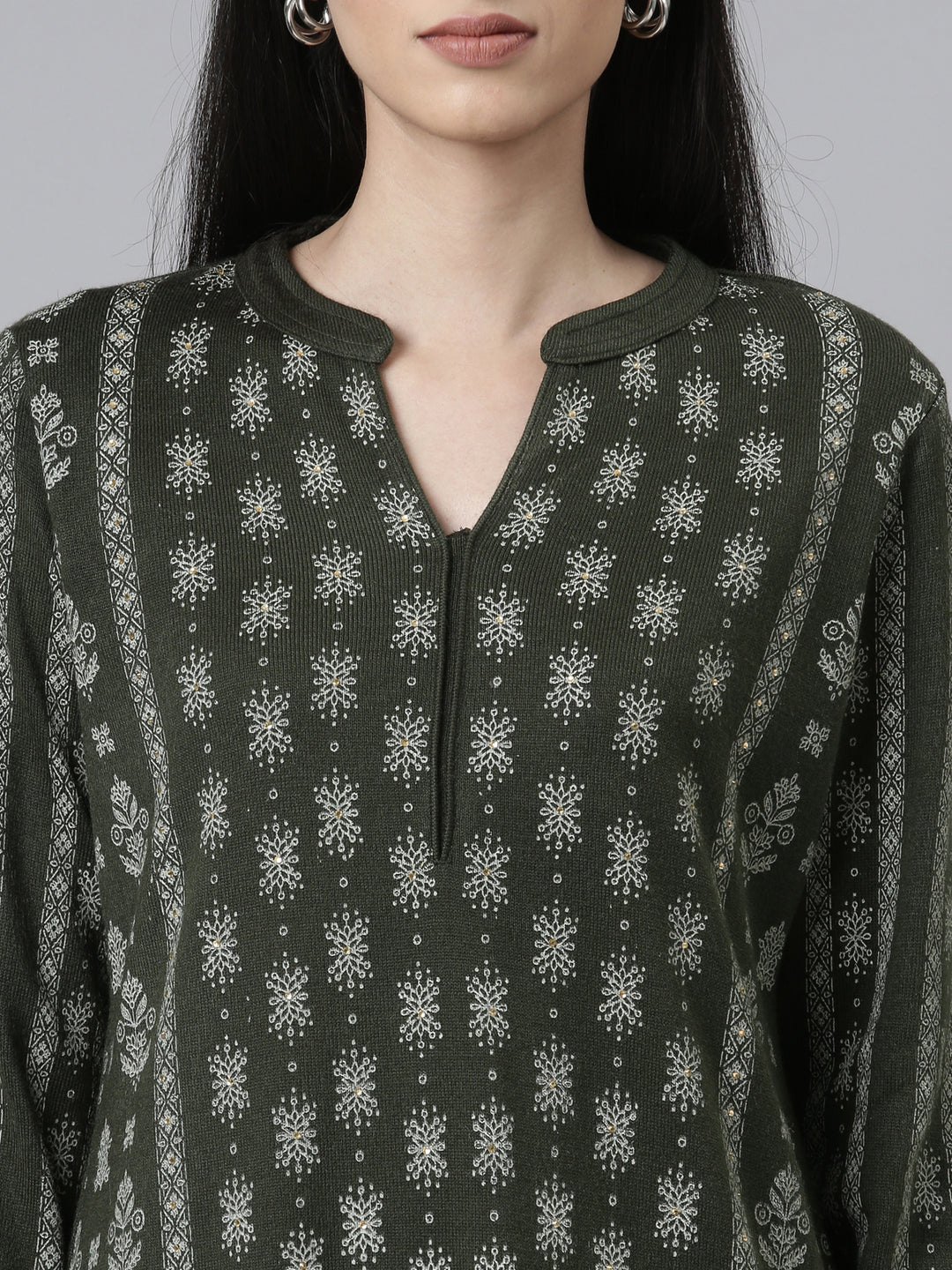 Neerus Winter Wear Band Collar Ethnic Motifs Printed Straight Fit Acrylic Regular Kurta For Women