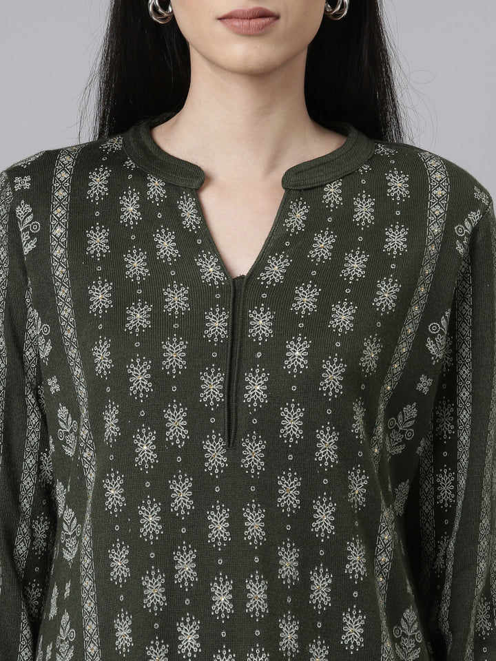 Neerus Winter Wear Band Collar Ethnic Motifs Printed Straight Fit Acrylic Regular Kurta For Women