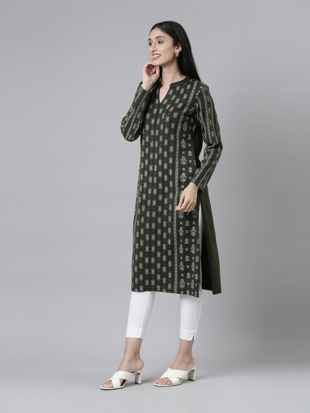 Neerus Winter Wear Band Collar Ethnic Motifs Printed Straight Fit Acrylic Regular Kurta For Women