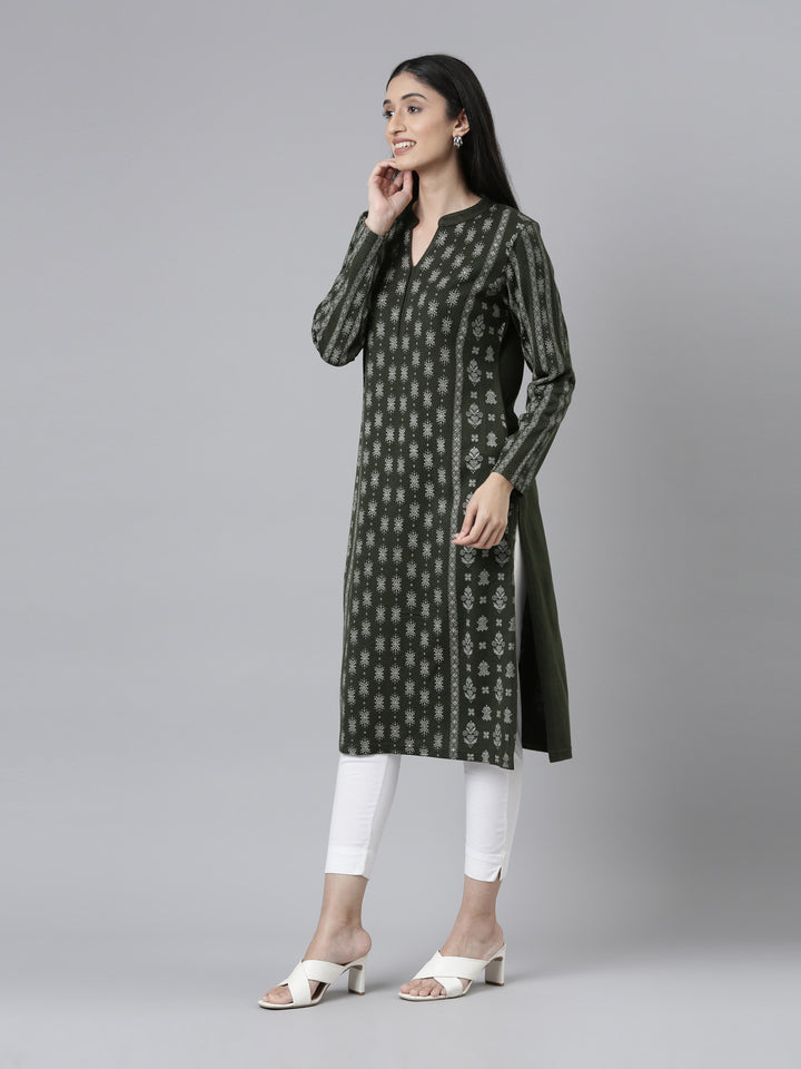 Neerus Winter Wear Band Collar Ethnic Motifs Printed Straight Fit Acrylic Regular Kurta For Women