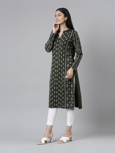 Neeru's Winter Wear Band Collar Ethnic Motifs Printed Straight Fit Acrylic Regular Kurta For Women