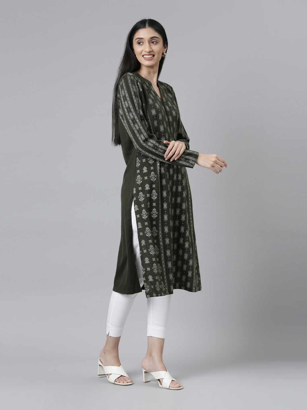 Neerus Winter Wear Band Collar Ethnic Motifs Printed Straight Fit Acrylic Regular Kurta For Women