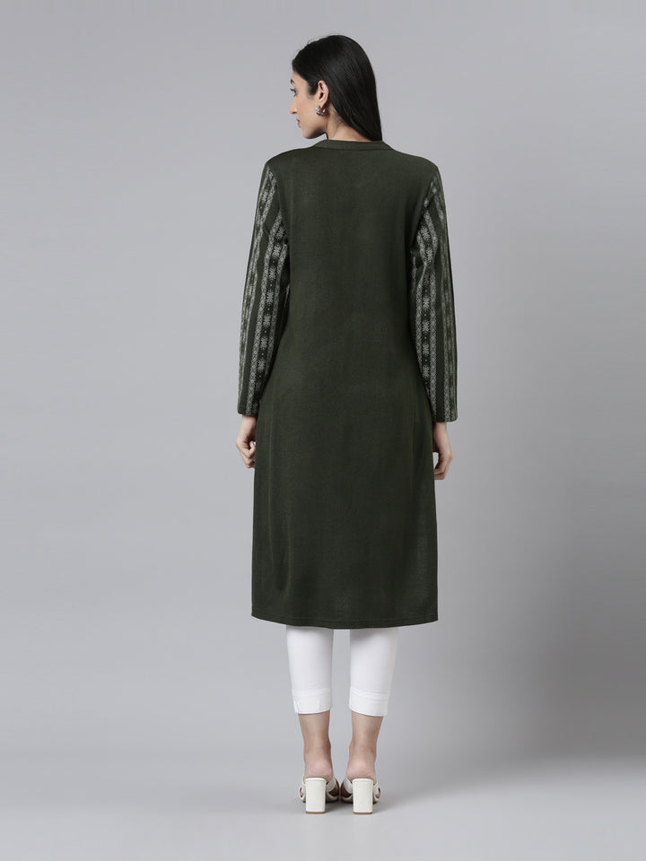 Neerus Winter Wear Band Collar Ethnic Motifs Printed Straight Fit Acrylic Regular Kurta For Women