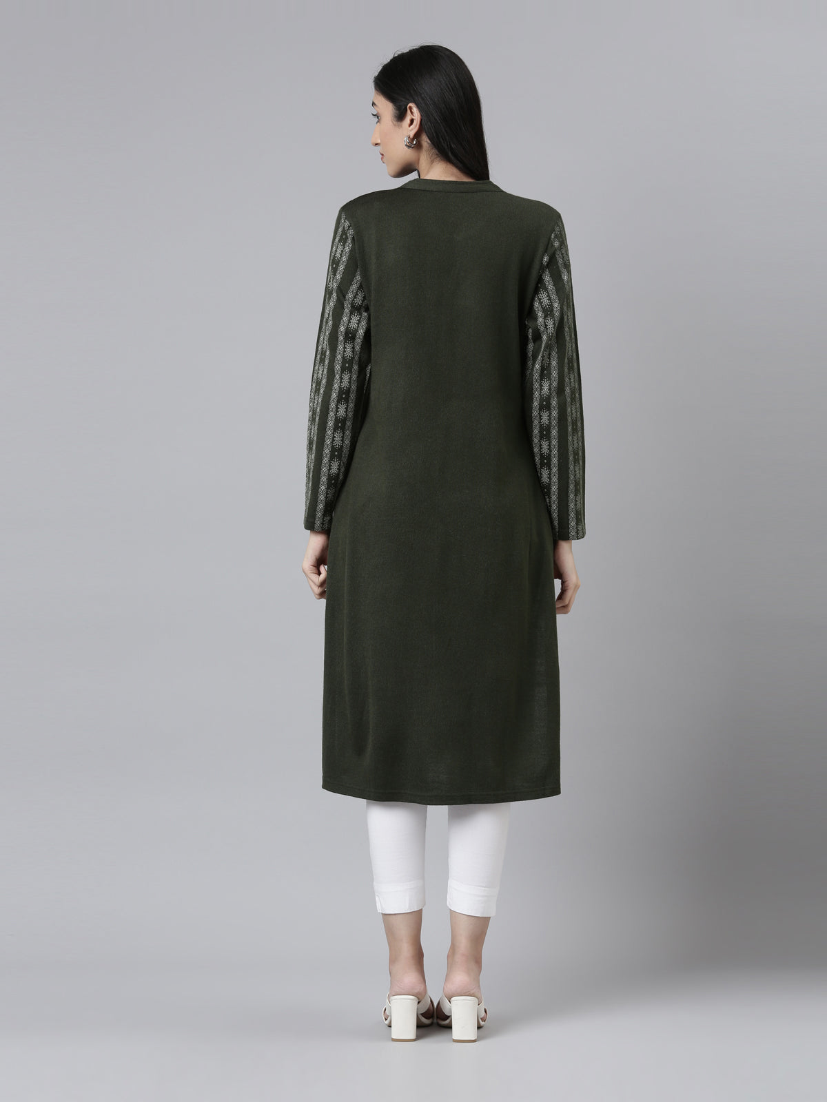 Neeru's Winter Wear Band Collar Ethnic Motifs Printed Straight Fit Acrylic Regular Kurta For Women