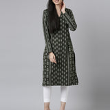 Neerus Winter Wear Band Collar Ethnic Motifs Printed Straight Fit Acrylic Regular Kurta For Women