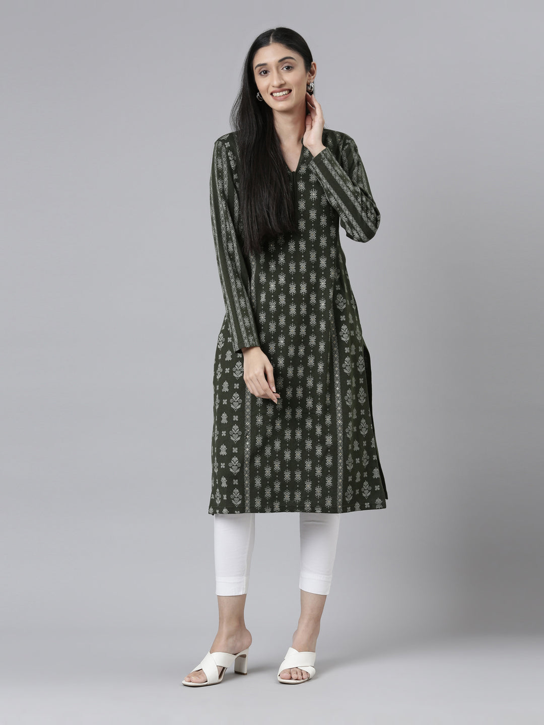 Neerus Winter Wear Band Collar Ethnic Motifs Printed Straight Fit Acrylic Regular Kurta For Women
