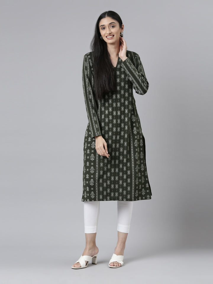 Neerus Winter Wear Band Collar Ethnic Motifs Printed Straight Fit Acrylic Regular Kurta For Women