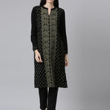 Neerus Winter Wear Band Collar Ethnic Motifs Printed Straight Fit Acrylic Regular Kurta For Women