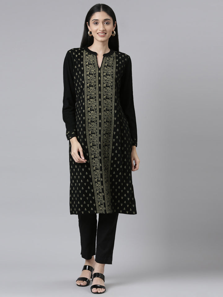 Neerus Winter Wear Band Collar Ethnic Motifs Printed Straight Fit Acrylic Regular Kurta For Women