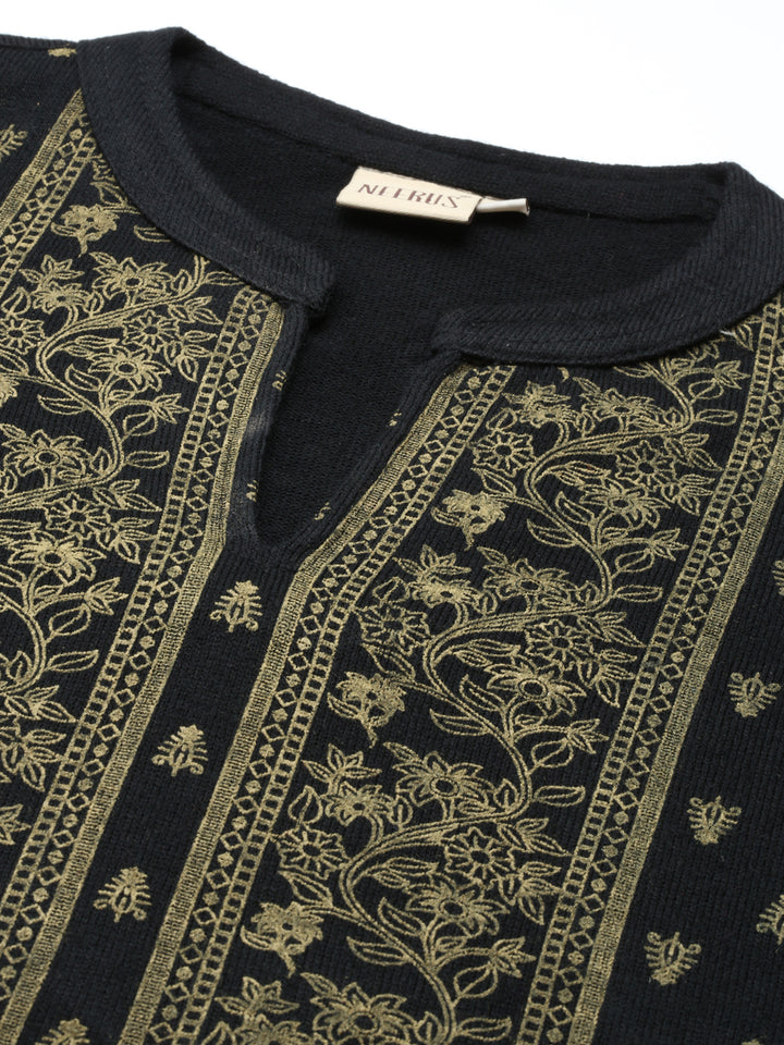 Neerus Winter Wear Band Collar Ethnic Motifs Printed Straight Fit Acrylic Regular Kurta For Women