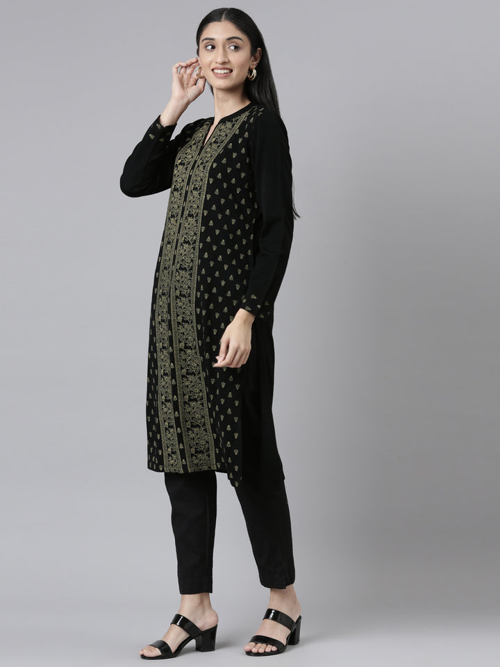 Neerus Winter Wear Band Collar Ethnic Motifs Printed Straight Fit Acrylic Regular Kurta For Women
