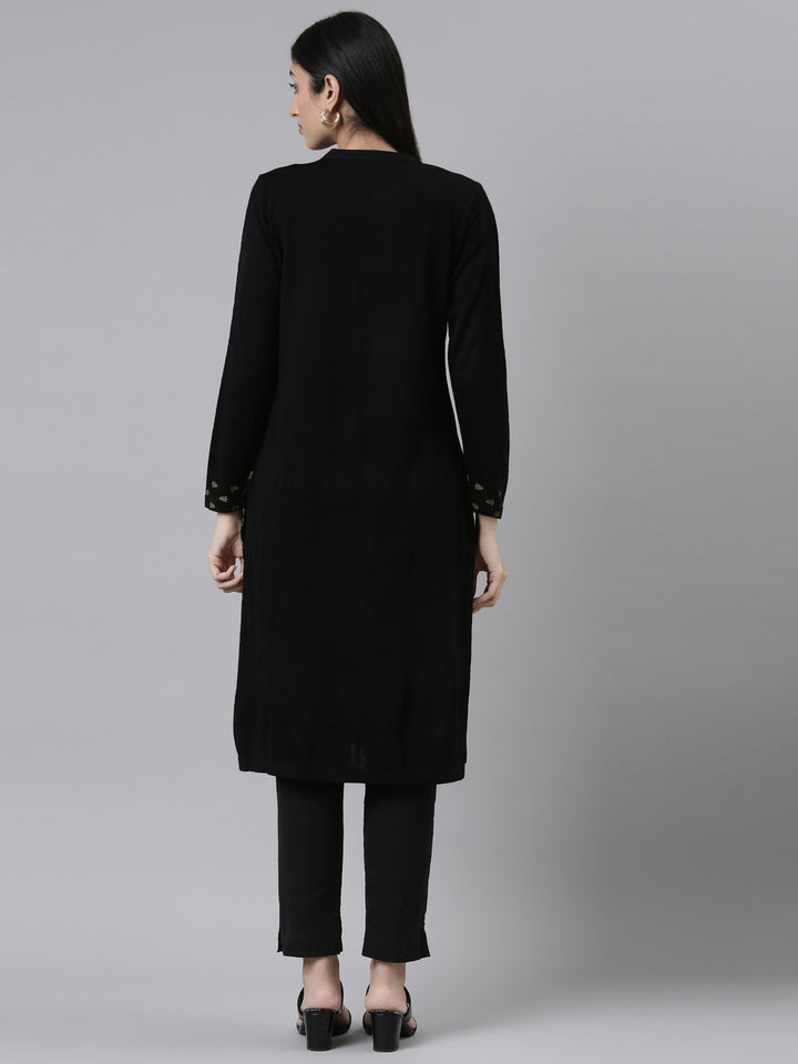 Neerus Winter Wear Band Collar Ethnic Motifs Printed Straight Fit Acrylic Regular Kurta For Women