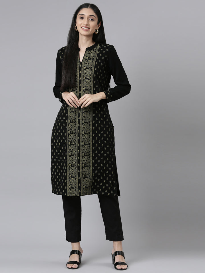 Neerus Winter Wear Band Collar Ethnic Motifs Printed Straight Fit Acrylic Regular Kurta For Women