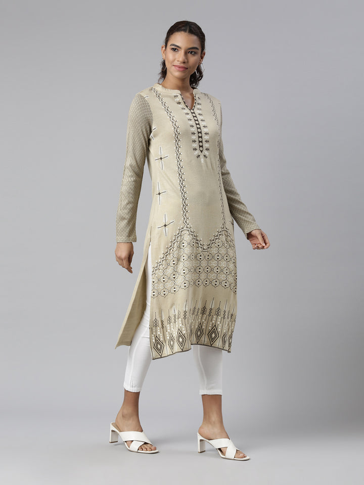 Neerus Winter Wear Camel Brown Geometric Printed Acrylic Kurta For Women