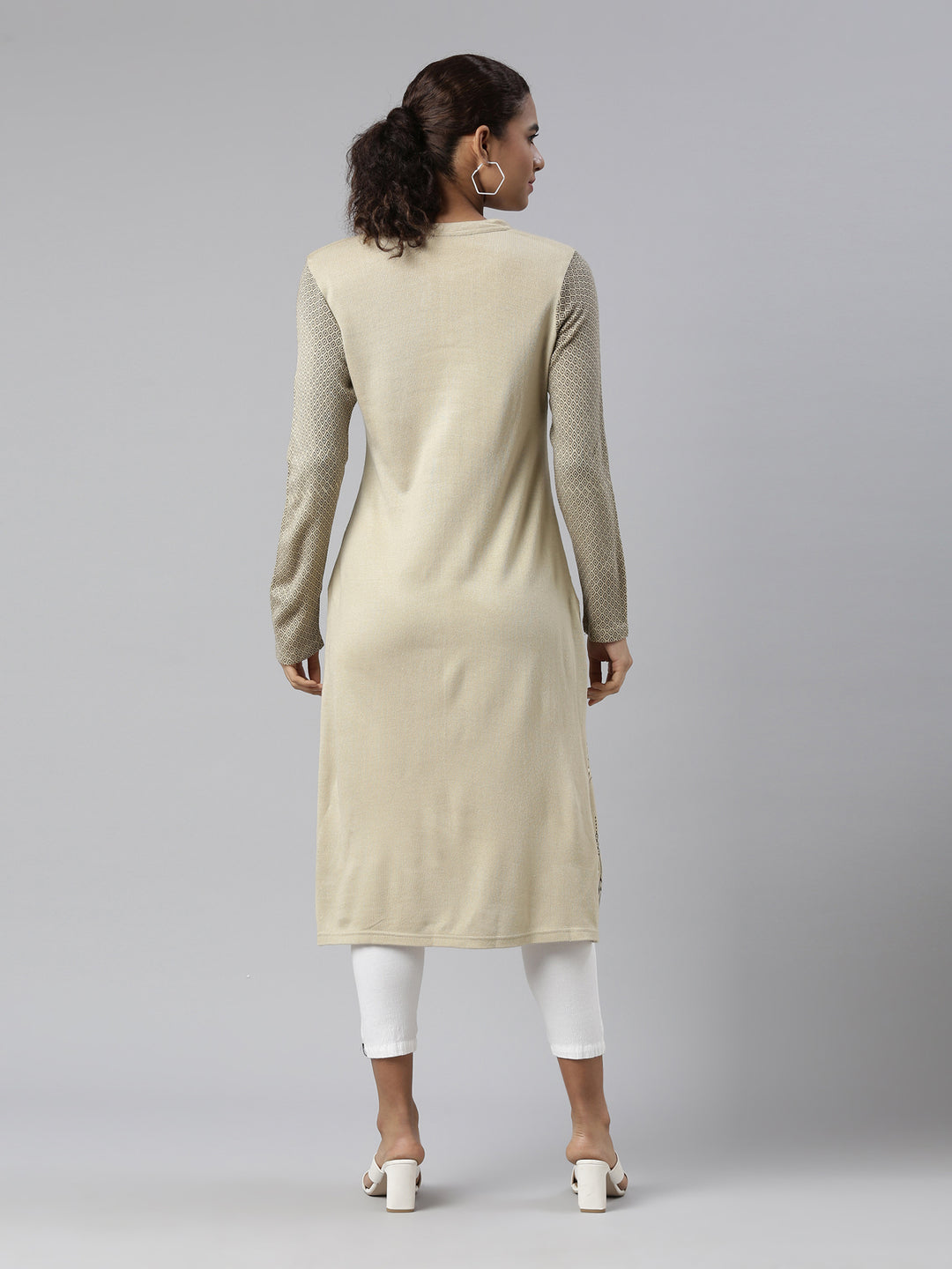 Neerus Winter Wear Camel Brown Geometric Printed Acrylic Kurta For Women