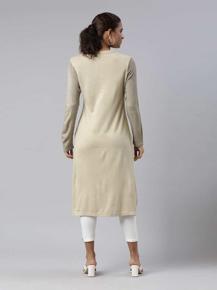Neerus Winter Wear Camel Brown Geometric Printed Acrylic Kurta For Women