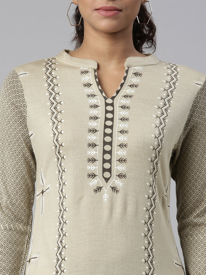 Neerus Winter Wear Camel Brown Geometric Printed Acrylic Kurta For Women