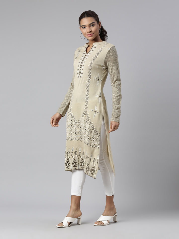 Neerus Winter Wear Camel Brown Geometric Printed Acrylic Kurta For Women