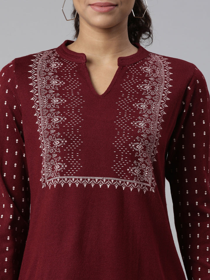 Neerus Winter Wear Maroon Floral Printed Acrylic Kurta For Women