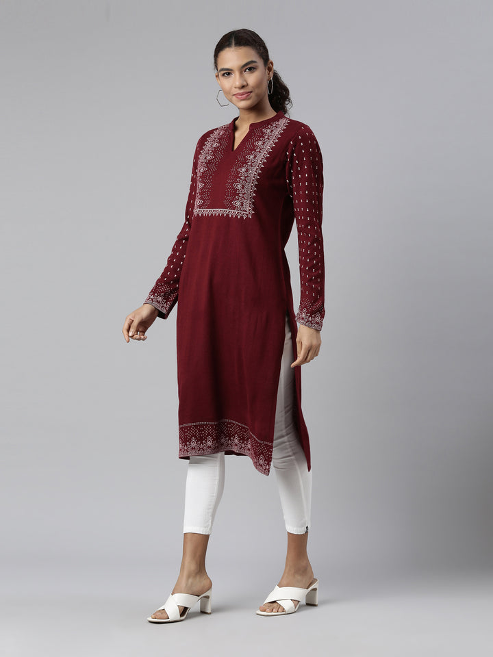 Neerus Winter Wear Maroon Floral Printed Acrylic Kurta For Women