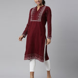 Neerus Winter Wear Maroon Floral Printed Acrylic Kurta For Women