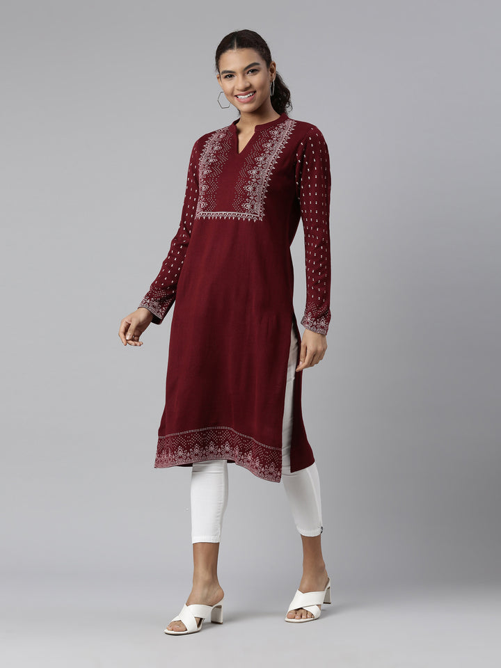 Neerus Winter Wear Maroon Floral Printed Acrylic Kurta For Women
