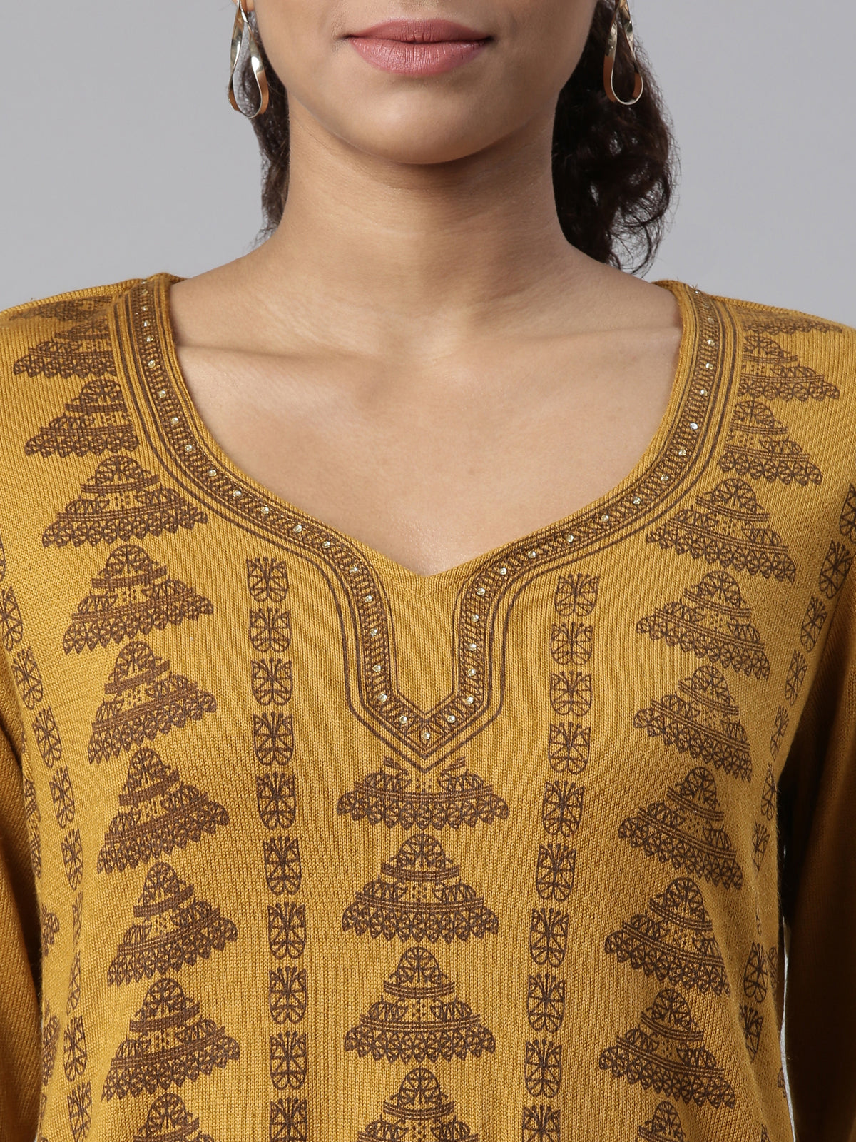 Neerus Women Mustard Yellow Ethnic Motifs Printed Winter Wear Kurta