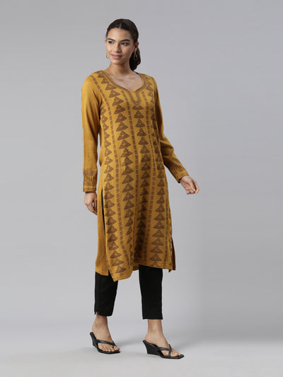 Neerus Women Mustard Yellow Ethnic Motifs Printed Winter Wear Kurta